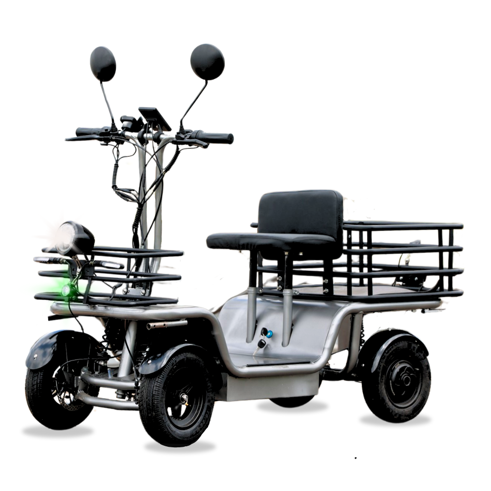 Four-wheeled mobility scooter with a large rear cargo rack, handlebars, mirrors, and a padded seat for carrying items and a rider's safety.
