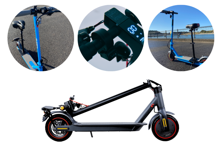 ELEMOsキックボードの外観。モーターと電池を「どこにあるのかわからない」くらい小さくしました。折り畳めるので持ち運びも簡単