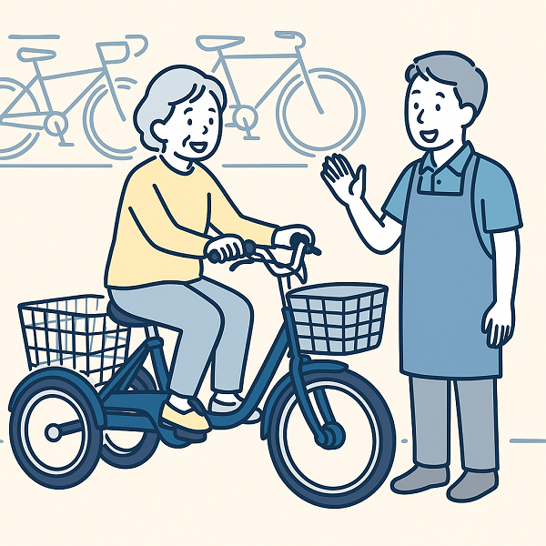 三輪自転車を試乗させてもらう女性 | ELEMOs