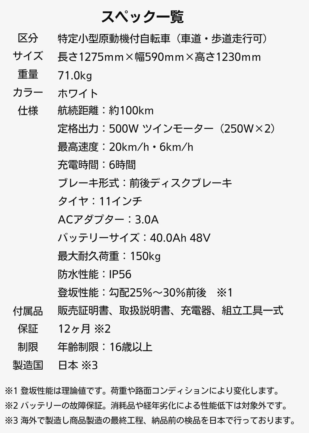 スペック一覧: 白背景の仕様表。サイズ・重量・カラー・航続距離・出力・速度・充電時間などの項目が並ぶ。