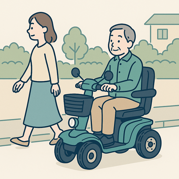 歩行者と共に進むシニアカー2 | ELEMOs 歩行者と同じ速度感で進むシニアカーのイラスト