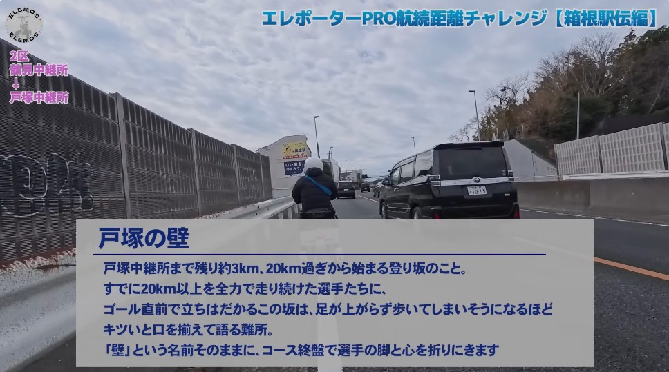 2026-05-04_164939 | ELEMOs 箱根駅伝編の番組タイトル風テロップが右上に青字で表示され、路肩の車とバイクが走る高速道路風景。画面下には半透明のボックスで『戸塚の壁』とその説明文が掲示されている。