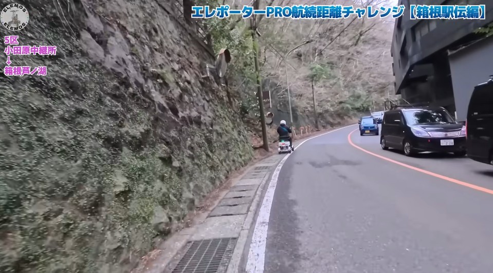 2026-05-04_181324 | ELEMOs Winding mountain road with a stone wall on the left; a person on a mobility scooter wearing a helmet rides along the curb, while cars travel on the right.