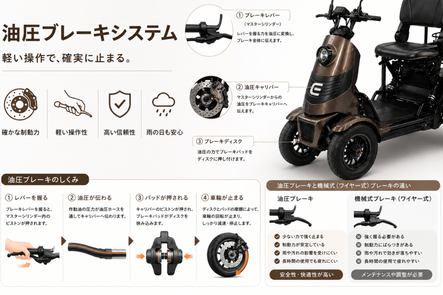 Infographic explaining a hydraulic brake system for a four-wheeled scooter, highlighting brake components and operation.