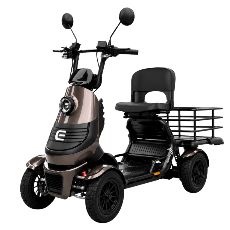 Four-wiber mobility scooter with a brown body, wide seat, and rear cargo rack for carrying items.
