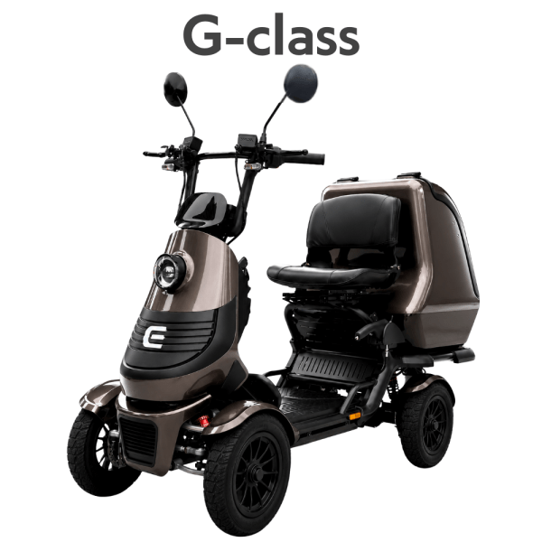 Brown four-wheeled G-class mobility scooter with a padded seat, backrest, and a rear storage enclosure.