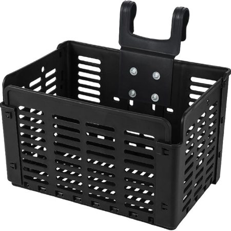 Black plastic cargo basket with a mounting bracket and handle for attaching to a bike or scooter fielded for rear storage.