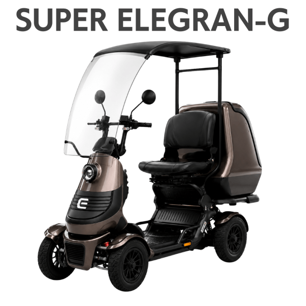 Four-wheeled mobility scooter with a clear curved windshield, black canopy, and brown body, shown from the front-right.