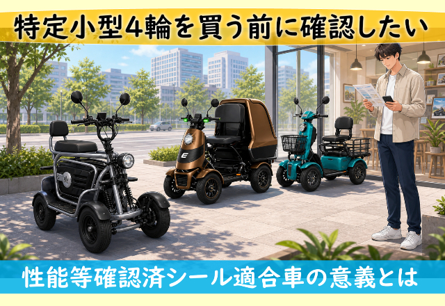Lineup of four small electric four-wheelers outdoors, with a man reading a brochure and Japanese banners about pre-purchase checks and certified-vehicle meaning.