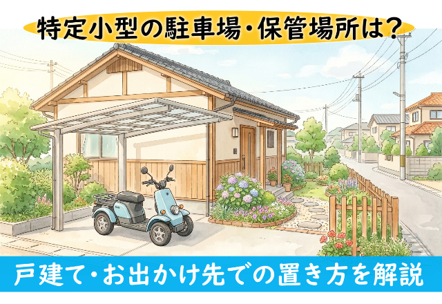 Japanese-style house with a small scooter under a carport; caption explains designated small-vehicle parking and storage locations.