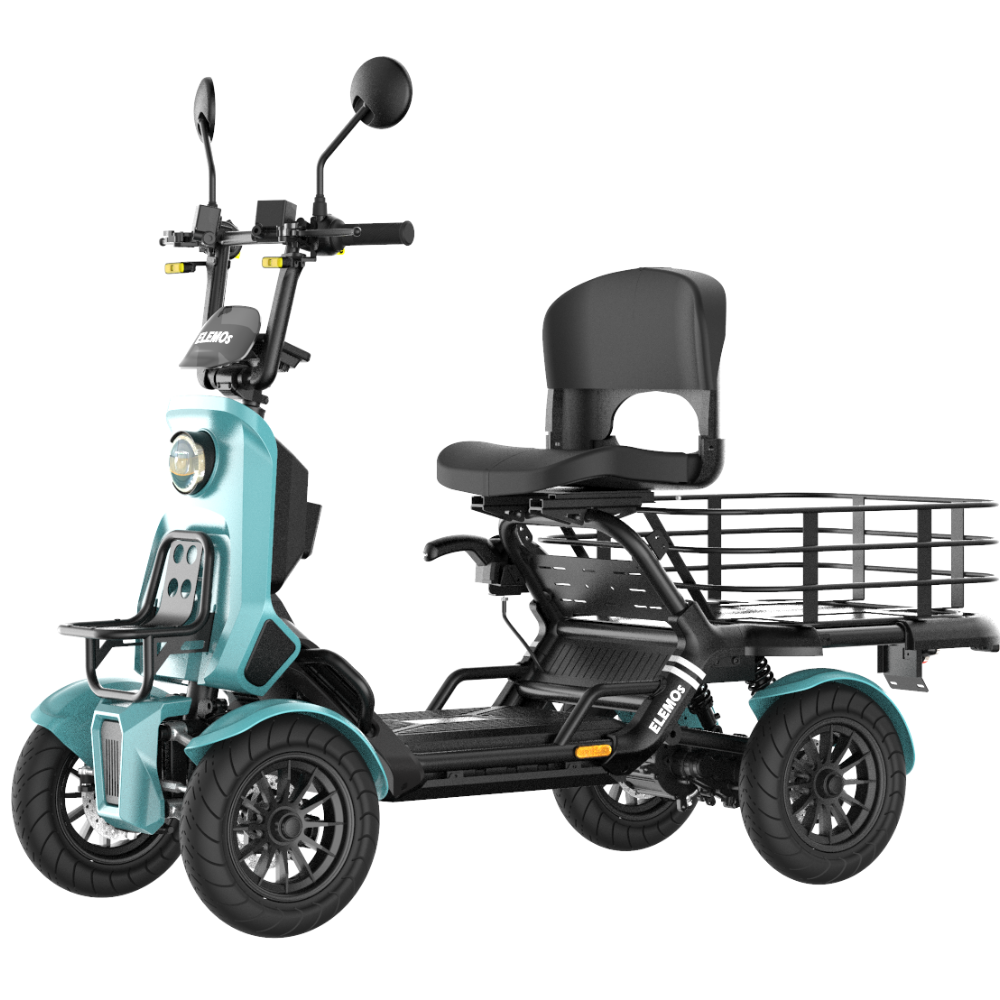 Three-wheeled electric cargo scooter with a large rear rack and a backrest-equipped passenger seat in turquoise and black orientation