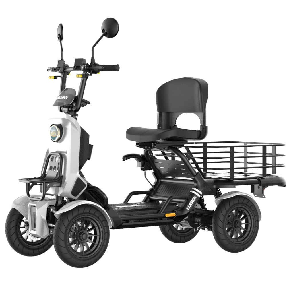 Three-wheeled electric cargo scooter with front steering, a single seat with backrest, and a large rear rack for carrying items.
