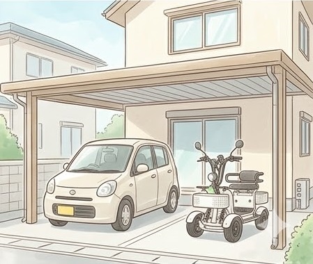 自宅駐車場に特定小型四輪を止める | ELEMOs | ELEMOs Illustration of a beige car and a mobility scooter parked under a carport in a suburban driveway with a two-story house nearby.
