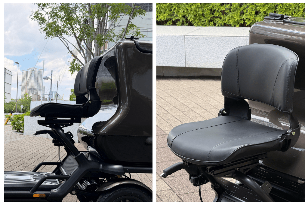 Two-panel shot of a black scooter/motorcycle seat with a cushioned passenger backrest, in an urban plaza setting