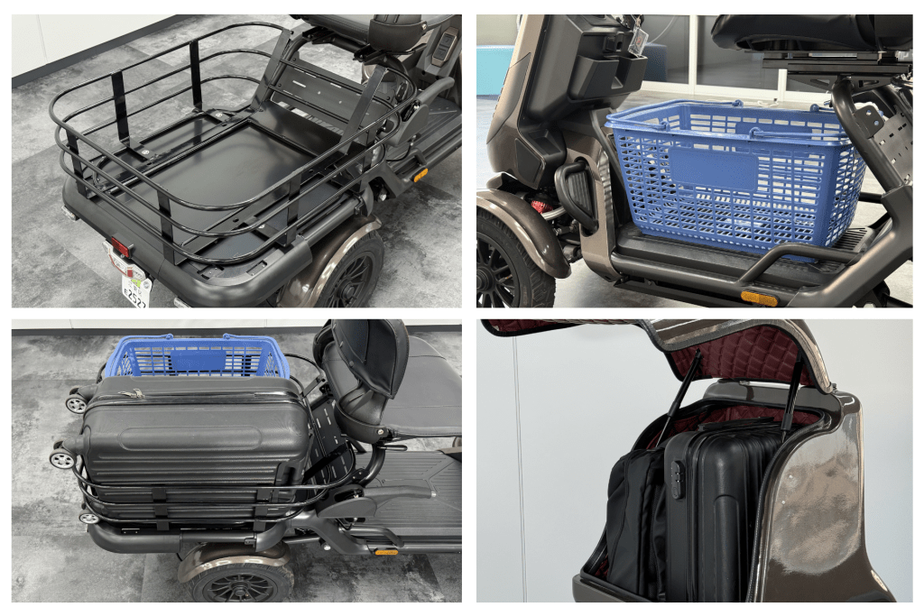 Mobility scooter with a large rear cargo rack, showing metal bars and a flat base for carrying bags or baskets.