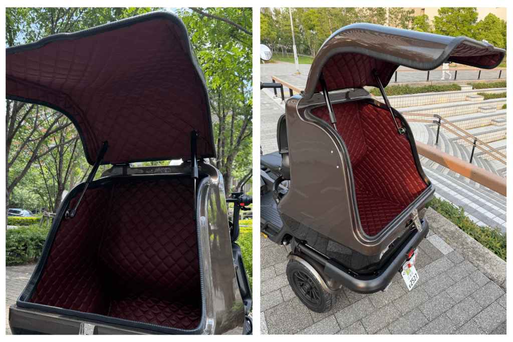 Brown scooter with a maroon quilted interior and open canopy, shown from the inside on the left panel.