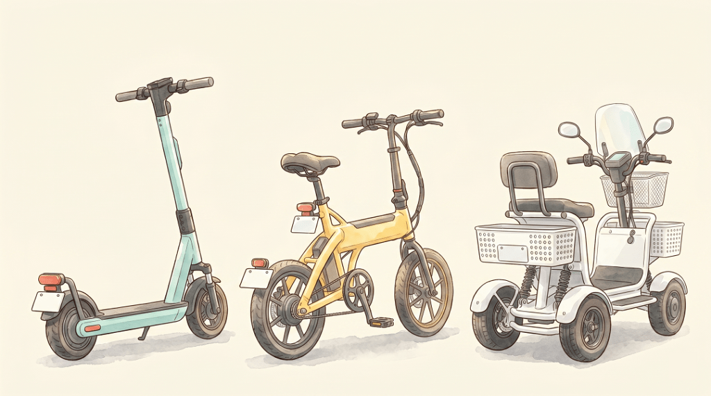 3種類の電動モビリティ | ELEMOs Three mobility devices: teal electric scooter, yellow folding bike, and white four‑wheeled mobility scooter with basket.