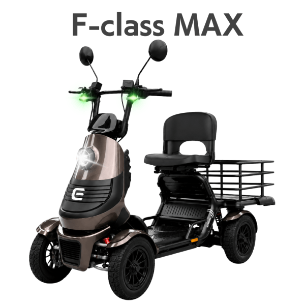 Electric mobility scooter named F-class MAX with front headlight, handlebars, and a rear cargo rack