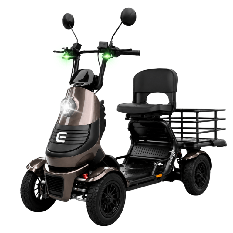 Four-wheeled electric scooter with a brown metallic body, front headlight, and rear cargo rack.