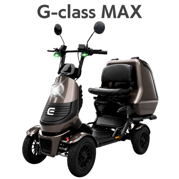 G-glass MAX mobility scooter with front headlight, mirrors, and a large rear storage box in brown.