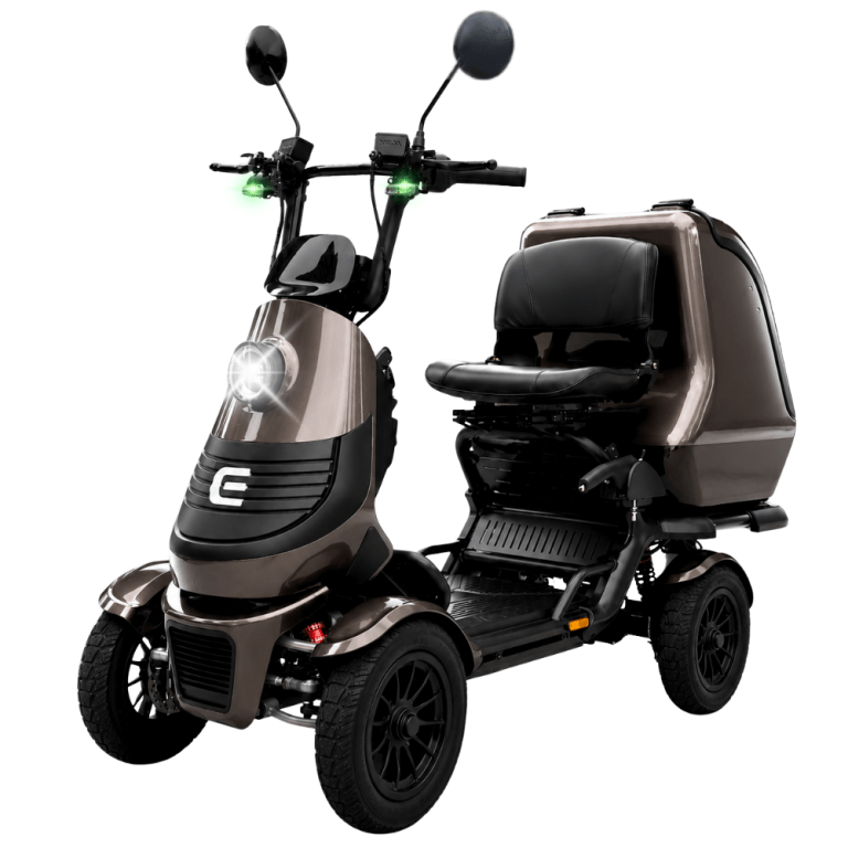 Brown mobility scooter with a cushioned seat and large rear storage compartment, front headlight, and handlebars on a white background.