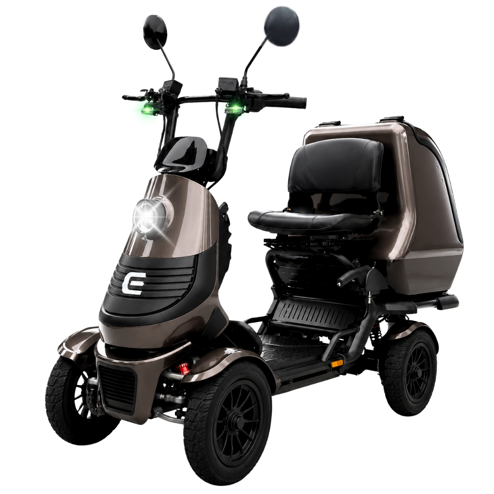 Three-wheeled mobility scooter in brown with front headlight, handlebars, and a large rear storage box behind the seat.