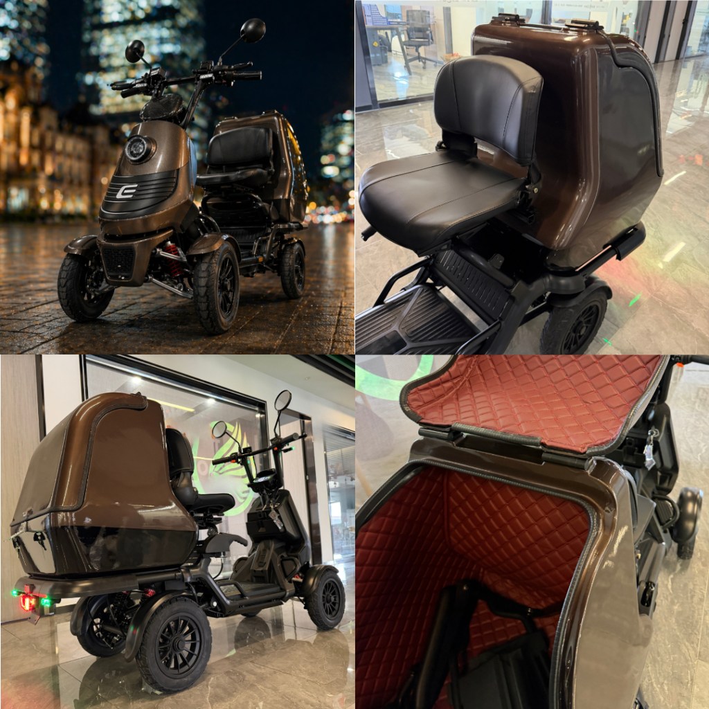 Brown electric mobility scooter with a large rear cargo box, shown from multiple angles in an urban setting at night and indoors.