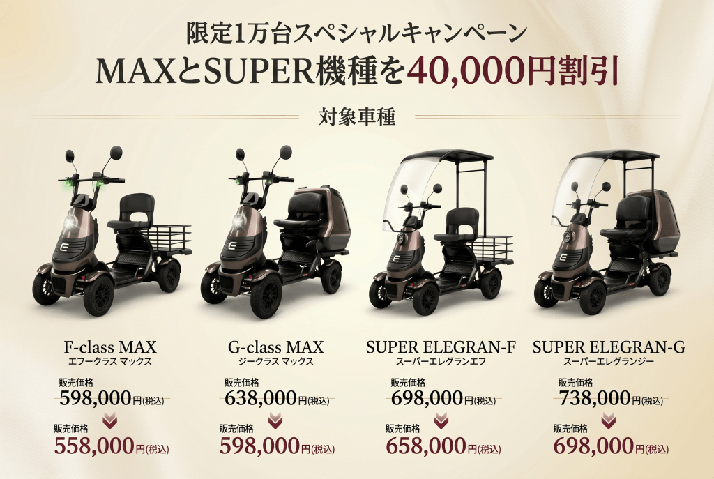 Promotional banner showing four mobility scooters (F-class MAX, G-class MAX, SUPER ELEGRAN-F, SUPER ELEGRAN-G) with their prices in yen on a beige backdrop.