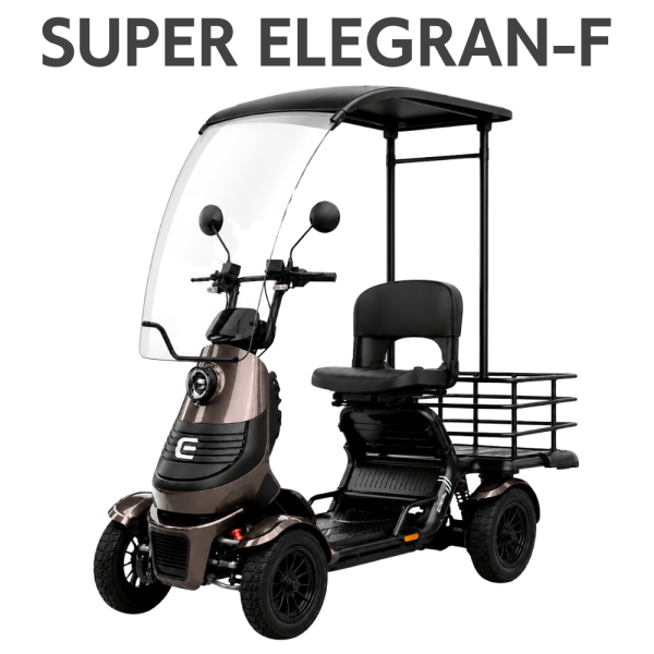 Three-wheeled electric mobility scooter with a curved windshield, black seat, and rear cargo rack; model 'SUPER ELEGRAN-F'.