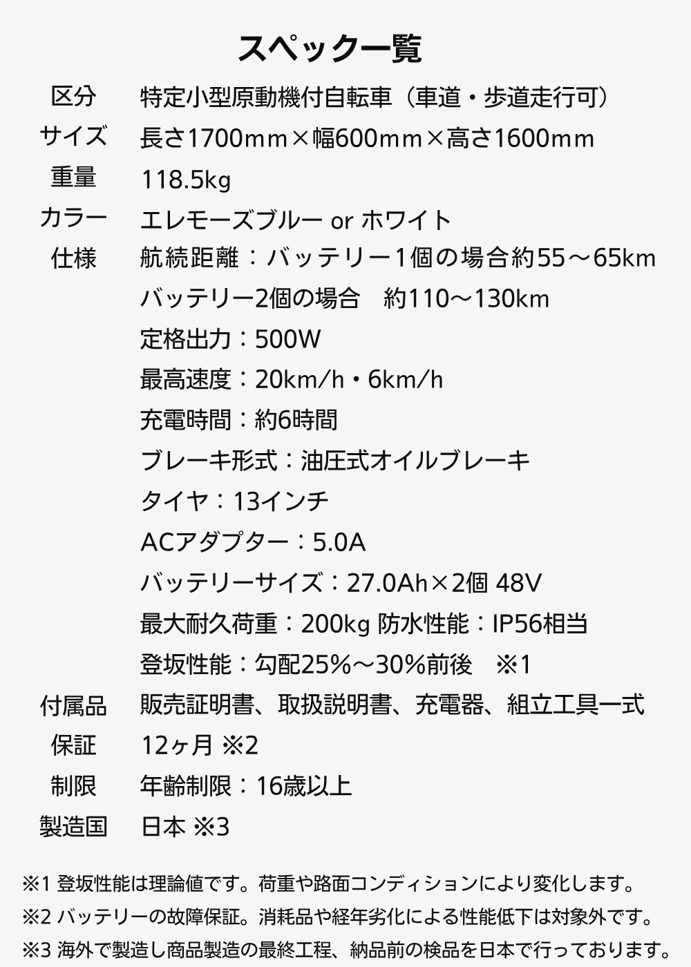 スペック一覧。特定小型原動機付自転車の寸法・重量・カラー・航続距離・充電時間などの仕様を日本語で列挙した表。