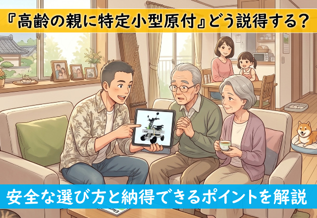 Young man shows seniors a tablet displaying a compact senior scooter, explaining safe choosing in a cozy living room scene.