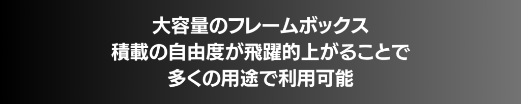 大容量のフレームボックス。積載の自由度が飛躍的に上がり、多用途に利用可能。」「大容量フレームボックスと高い積載自由度で、多様な用途に対応。」「大容量フレームボックス、積載自由度が向上し、さまざまな用途に使用可能。