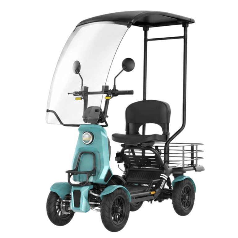 Teal four-wheeled mobility scooter with a tall transparent canopy and front basket for outdoor use.