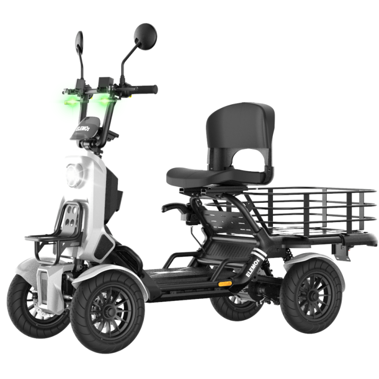 Three-wheeled electric cargo scooter with a front headlight, handlebar mirrors, and a large rear loading rack.
