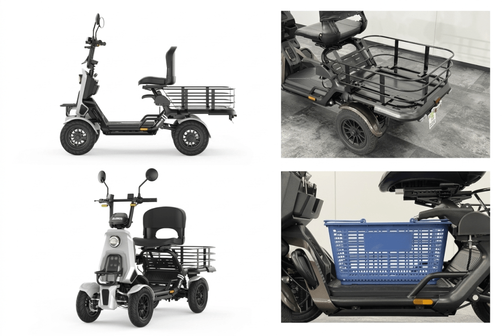 Black-silver four-wheel mobility scooter with tall handlebar and rear cargo rack.