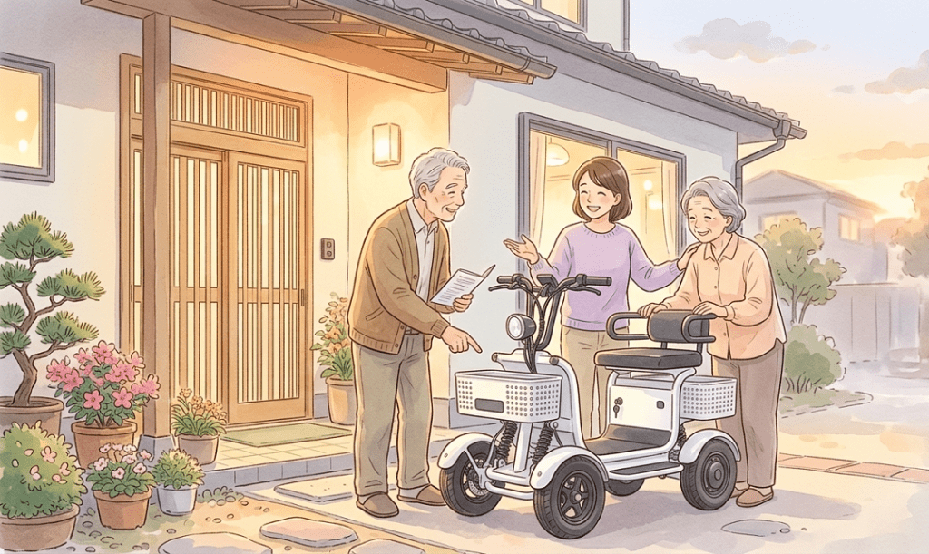Elderly man points at a document while two women stand beside a white mobility scooter outside a cozy home with potted plants.