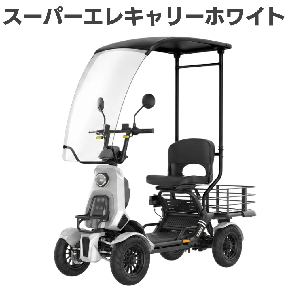 Three-wheeled mobility scooter with a clear windshield, tall canopy, cushioned seat, and rear cargo rack.