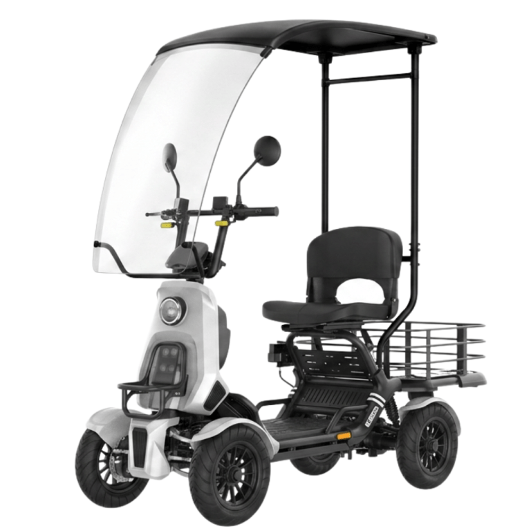 Three-wheeled mobility scooter with a tall canopy, curved windshield, handlebars, and a rear cargo basket.