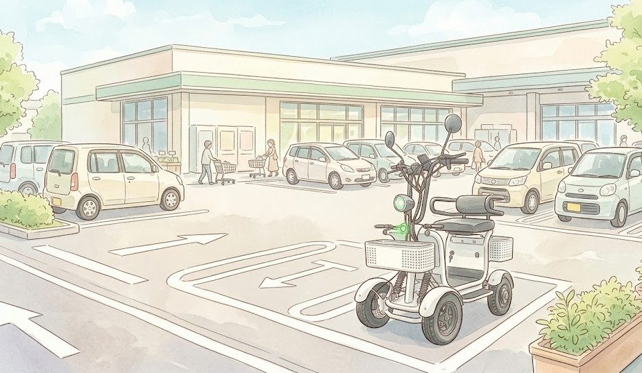 Three-wheeled mobility scooter with baskets parked in a shopping-center parking lot, with a store and several cars in the background.