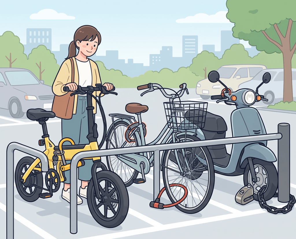 Woman standing at a bike rack with a yellow folding bike, a bicycle, and a scooter in a parking area near trees and buildings in the distance.
