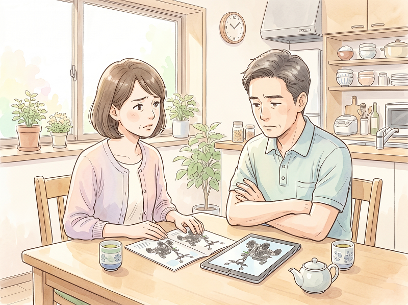 夫婦の話し合い | ELEMOs Couple sits at a sunny kitchen table and studies open manuals with mechanical diagrams, looking concerned as they discuss the plans; tablet shows the same schematic.