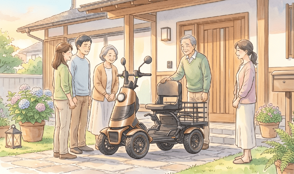 家族で迎える特定小型四輪 | ELEMOs A multi-generational family presents a new mobility scooter to an elderly man on the front porch, all smiling.
