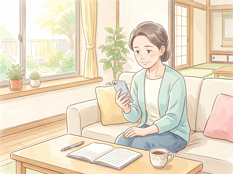 悩む女性 | ELEMOs Woman sits on a sofa at home, looking at her smartphone with an open notebook and a mug on the table in front of her.