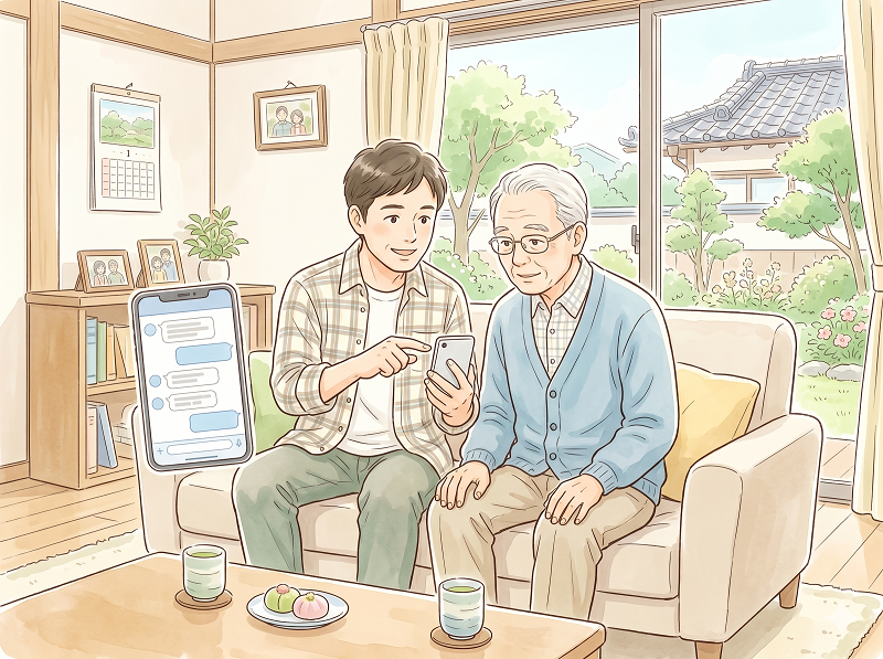 父と息子 | ELEMOs Younger man showing an older man something on a smartphone while they sit on a couch in a bright living room with a garden view outside.