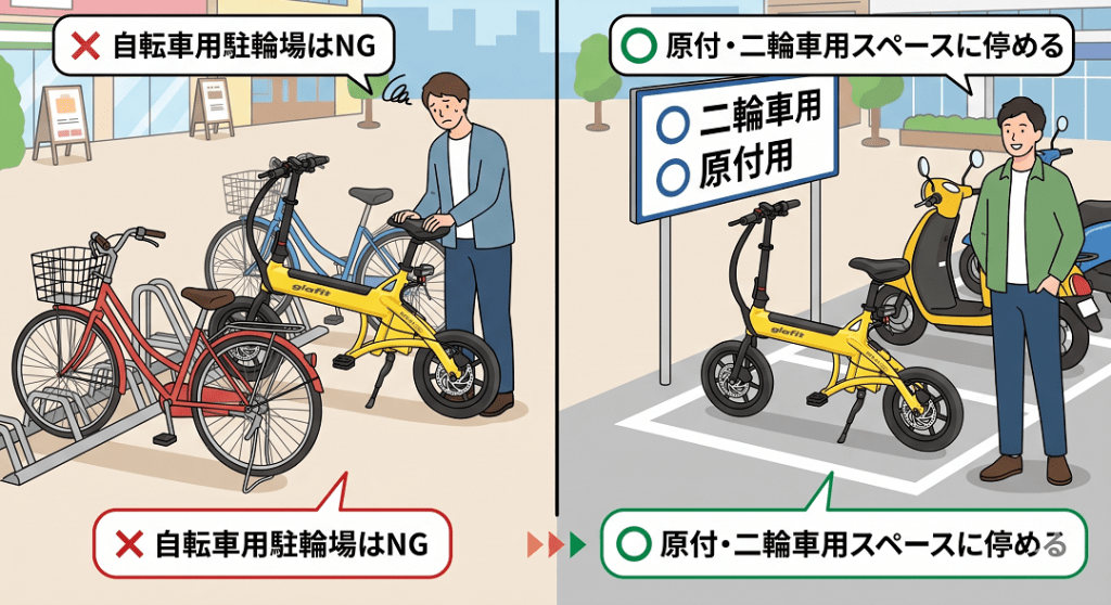 Two-panel infographic: left shows improper bicycle parking in a bike rack area (red X); right shows proper parking in a motorcycle space with a green check and a person nearby.