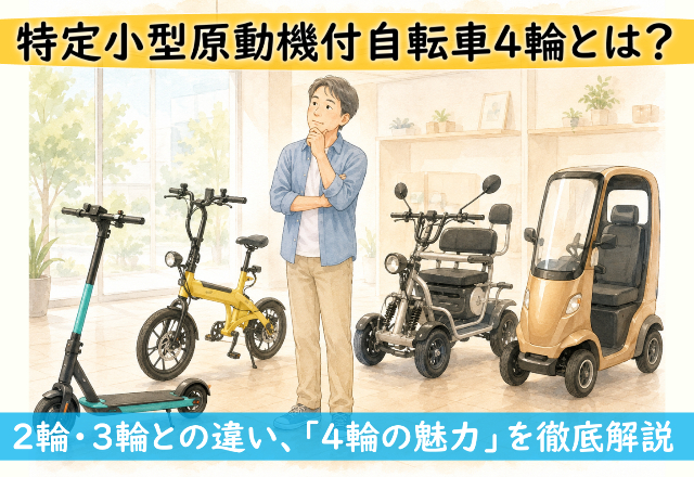 Man stands thoughtfully in a showroom comparing compact motorized bikes and four-wheel vehicles, with Japanese text about differences between 2- and 3-wheel and 4-wheel models.