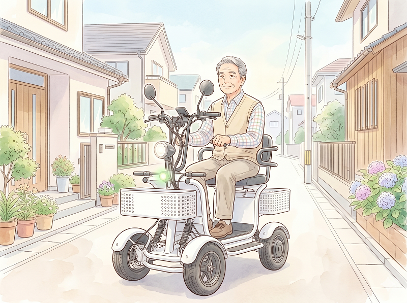 特定小型四輪に乗るシニア男性 | ELEMOs Elderly man on a mobility scooter rides down a sunny residential street with houses and plants nearby.