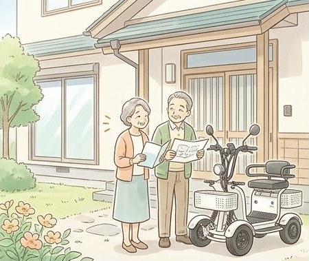 Elderly couple standing in front of their house, reading a document together, with a mobility scooter parked nearby in the yard.