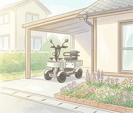 A white mobility scooter parked under a carport beside a flower bed in front of a house.
