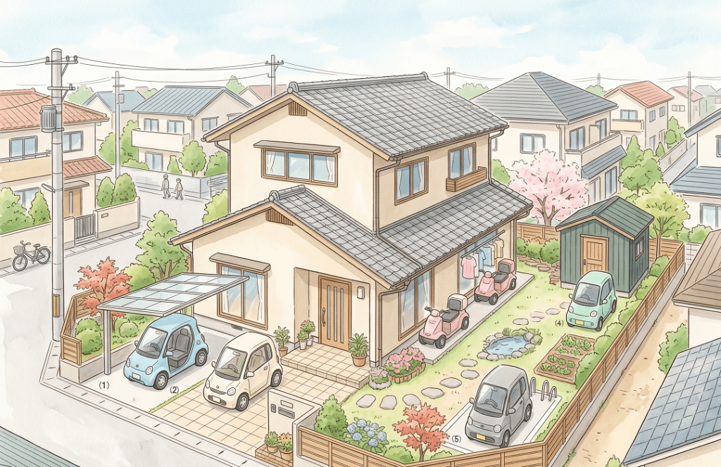 Two-story beige house with a tiled gray roof, front porch, driveway with two cars, and a line of pink scooters along the side in a sunny suburb.